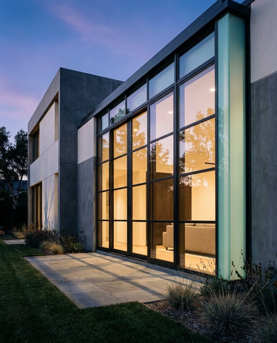 Vivienda contemporánea con grandes paños de DVH iluminados en la hora azul