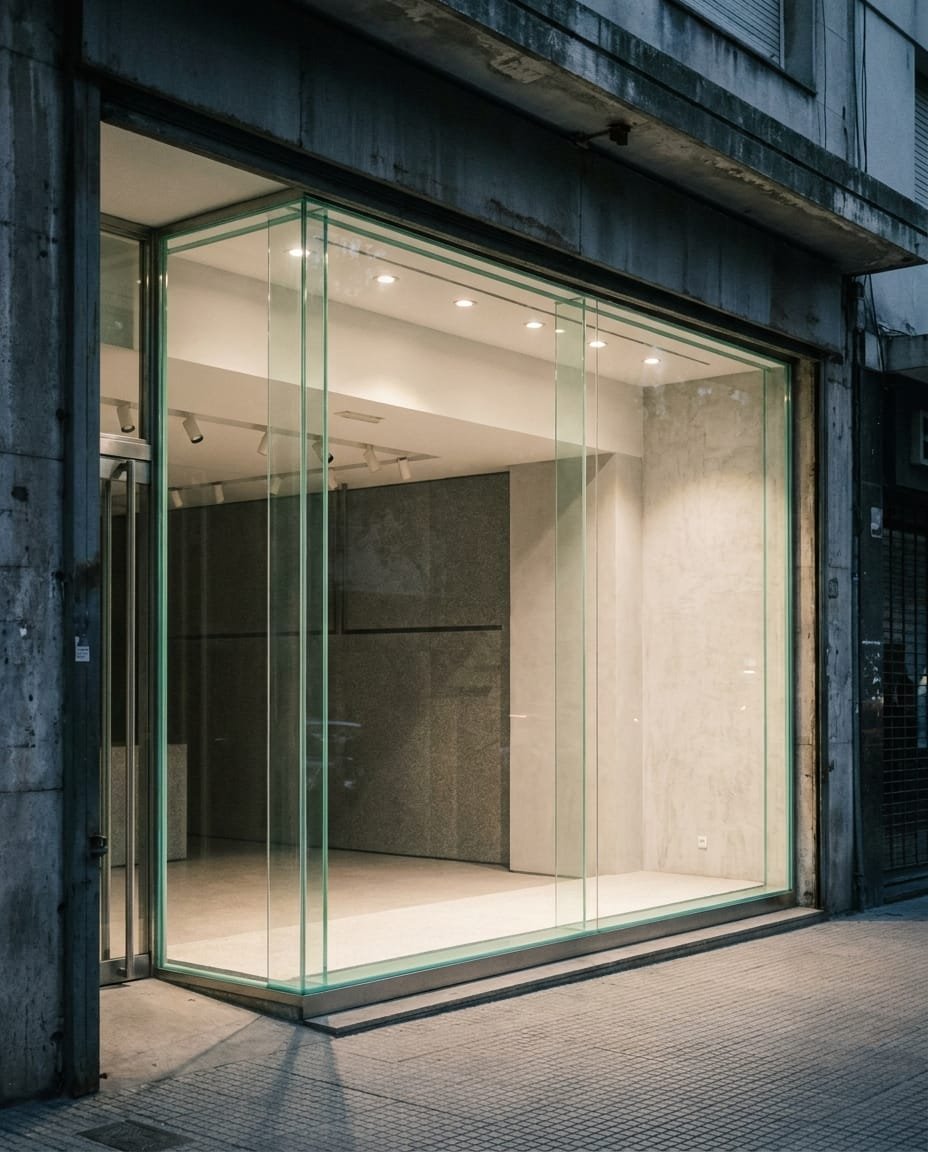 Vidriera de local comercial iluminada en un único paño de vidrio extra claro
