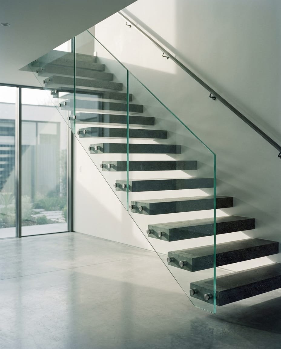 Escalera con baranda de vidrio laminado de seguridad tomada con fijaciones puntuales de acero