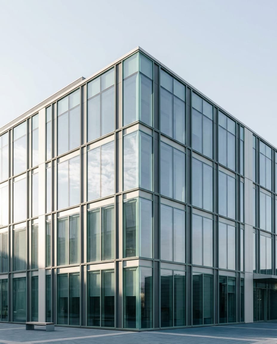 Fachada vidriada de un edificio contemporáneo en contrapicado