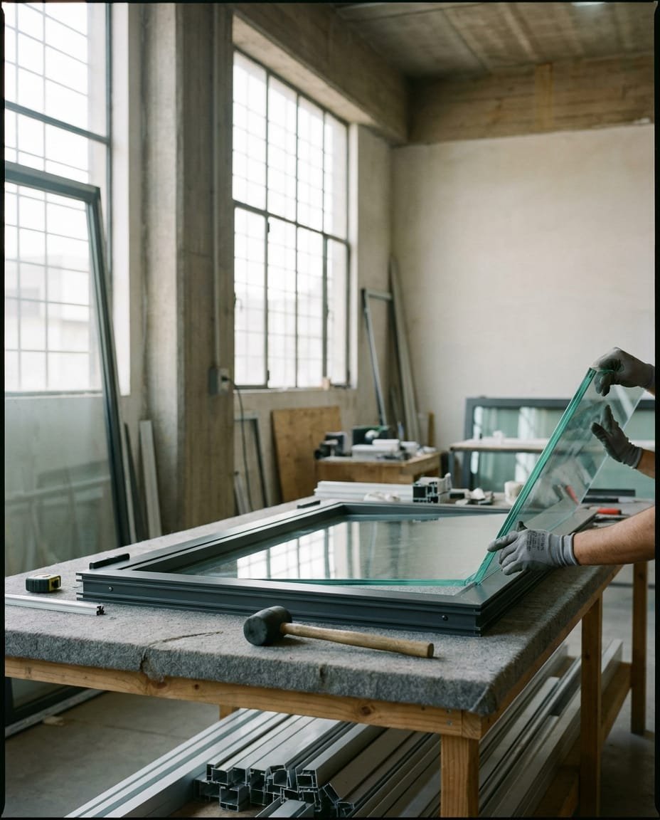 Taller de carpintería de aluminio armando una hoja de ventana con DVH