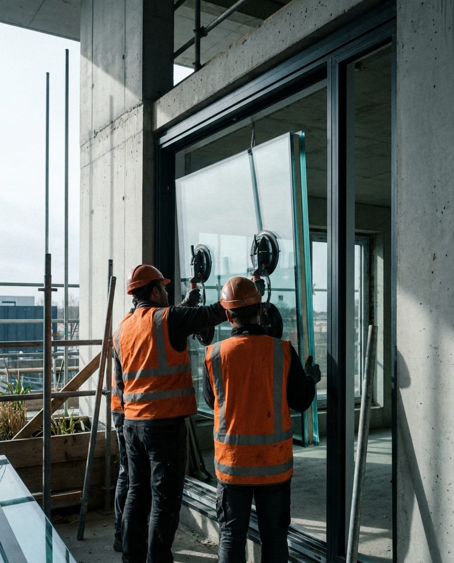 Operarios colocando un panel de DVH en obra con ventosas de vacío